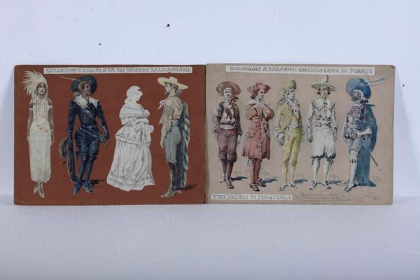 Giuseppe Garuti - Pipein Gamba - Coppie di disegni contenenti quattro figurini: due maschili e due femminili eseguiti all'acquerello, ritagliati e incollati su cartone