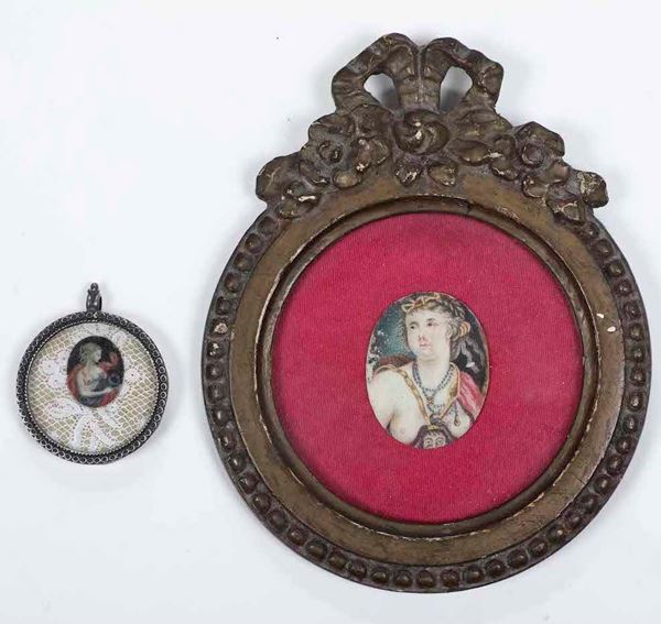 Due miniature con figure femminili in cornice, XIX secolo
