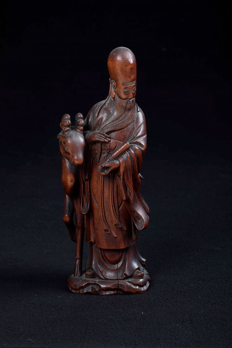 Figura di Saggio Scolpita in Legno, Cina, Dinastia Qing, XIX Secolo