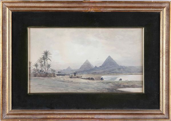 Pittore del XIX secolo Paesaggio con piramidi, 1891