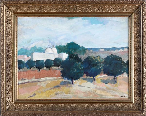 Vittorio Paradisi (1934 Lecce) Paesaggio con alberi con sfondo di case