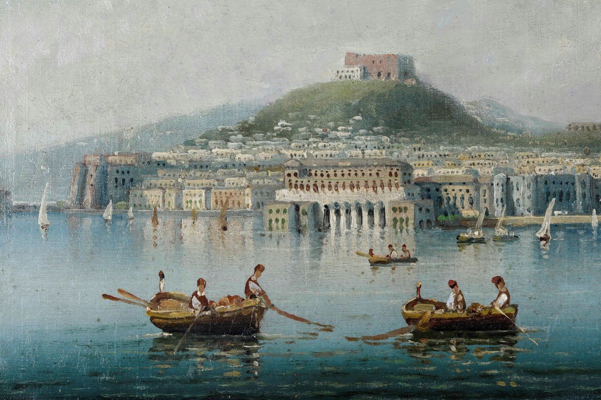Pittore del XIX-XX Secolo Veduta di Napoli con Pescatori