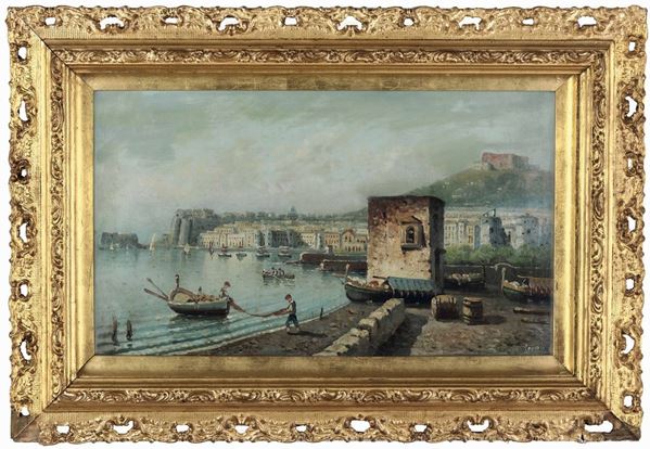 Pittore del XIX-XX secolo Veduta di Napoli con pescatori