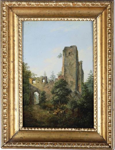 Pittore del XIX secolo, Paesaggio con rovine, olio su tavoletta