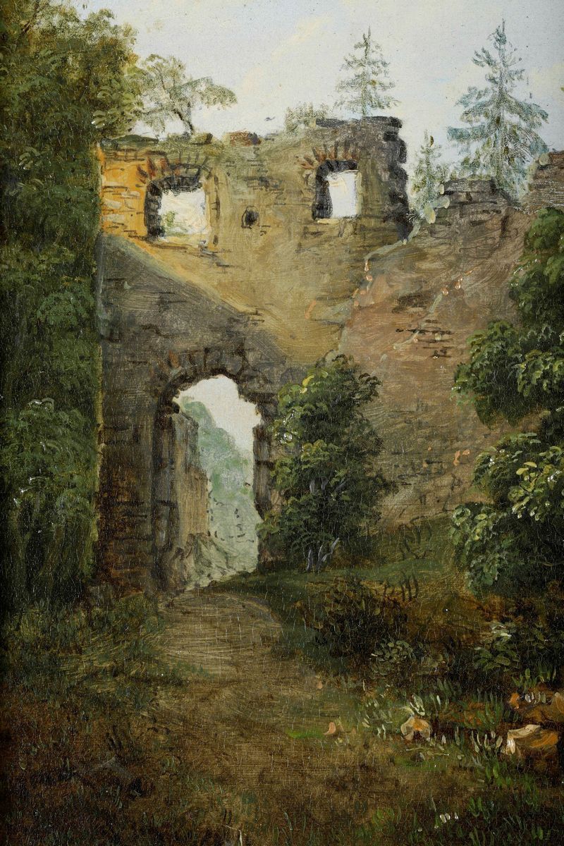 Pittore del XIX secolo, Paesaggio con rovine, olio su tavoletta