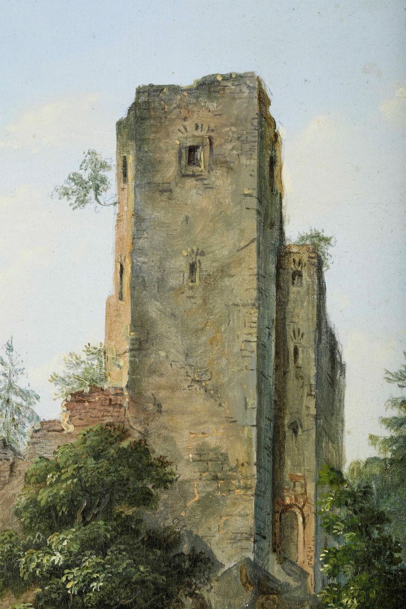 Pittore del XIX secolo, Paesaggio con rovine, olio su tavoletta