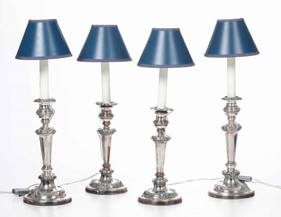 Due Coppie di Candelieri in Metallo Argentato, XX Secolo