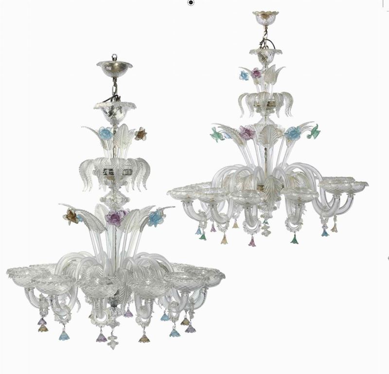 Coppia di lampadari a dodici luci in vetro di Murano, XX secolo  - Auction Italian Mansions - Cambi Casa d'Aste