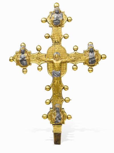 Croce Astile. Rame Cesellato, Argentato, Dorato e Smaltato. Arte Tardo Gotica Lombarda, XV Secolo