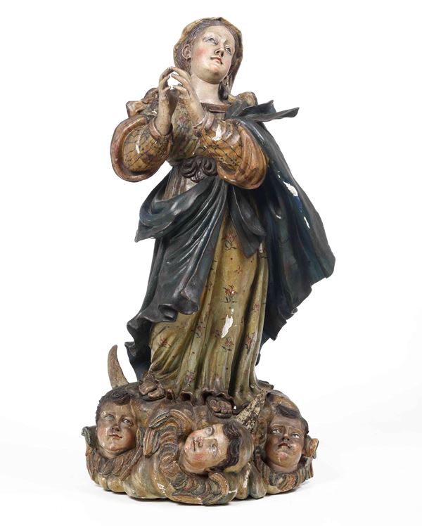 Madonna Immacolata. Legno intagliato, laccato e dorato. Arte barocca italiana, Napoli (?) XVII-XVIII secolo