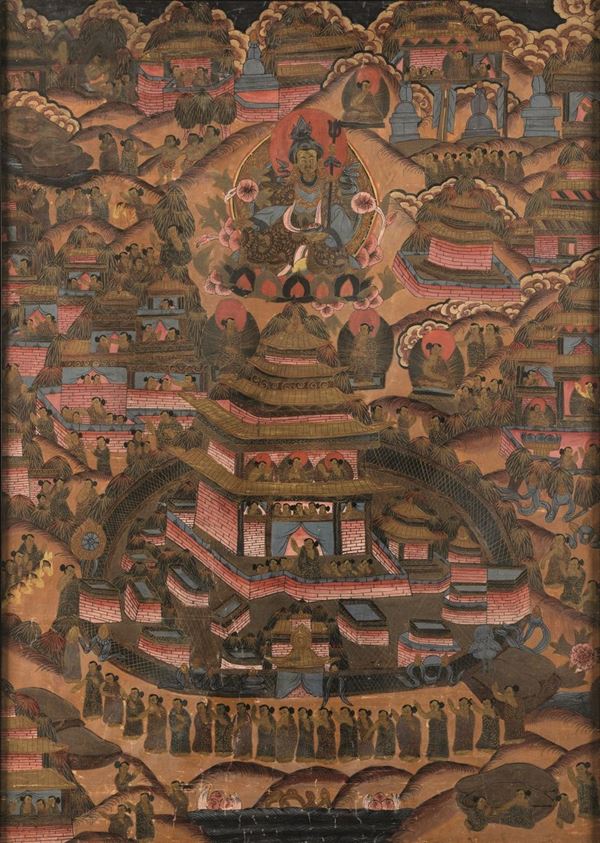 Thangka su seta raffigurante monastero e divinità, Tibet, XIX secolo