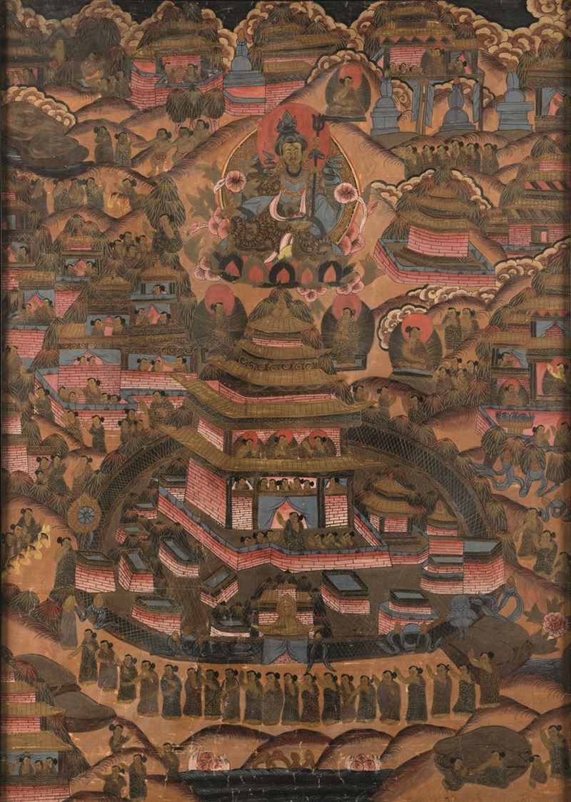 Thangka su seta raffigurante monastero e divinità, Tibet, XIX secolo  - Asta Fine Chinese Works of Art - I - Cambi Casa d'Aste