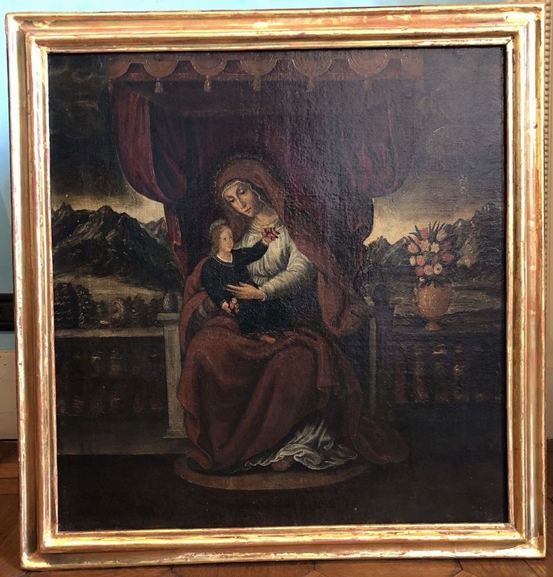 Scuola del XVII secolo Madonna in trono con Bambino  - olio su tela - Asta Dipinti Antichi - Cambi Casa d'Aste