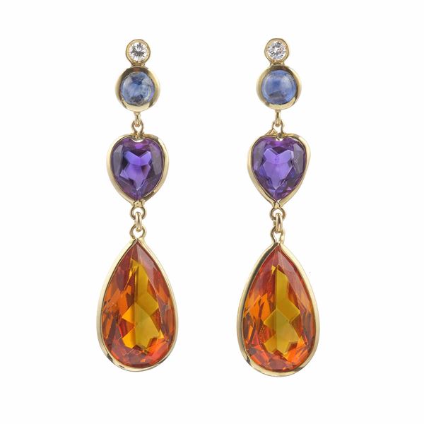 Pair of citrine quartz, amethyst, sapphire and diamond earrings