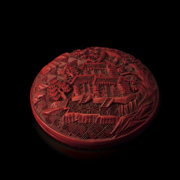 Scatola circolare in lacca rossa con raffigurazione di paesaggio sul coperchio, Cina, Dinastia Qing, XIX secolo