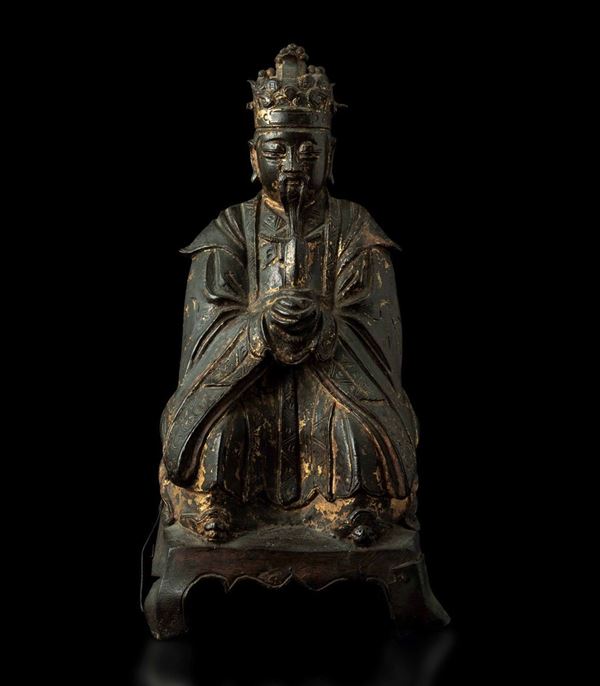Figura di Wenchang Dijun in bronzo con tracce di doratura, Cina, Dinastia Ming, XVII secolo