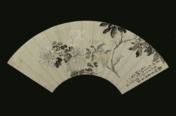 Ventaglio dipinto su carta raffigurante peonie in fiore con iscrizione, Cina, Dinastia Qing, XIX secolo