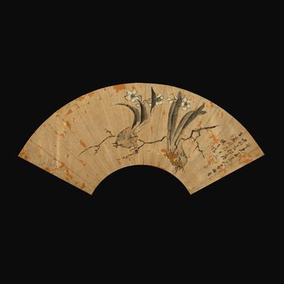 Cina, Coppia di ventagli dipinti su carta (raffigurazioni di uccellini tra i rami) e iscrizione, ...