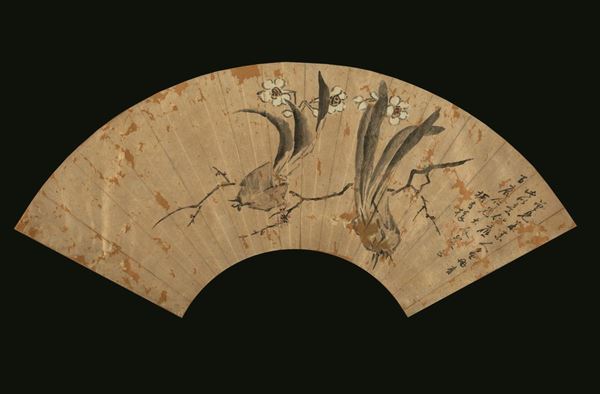 Ventaglio dipinto su carta raffigurante uccellini tra i rami e iscrizione, Cina, Dinastia Qing, XIX secolo