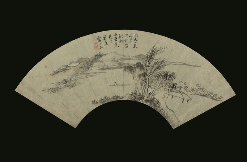 Ventaglio dipinto su carta raffigurante paesaggio con pagoda e iscrizione, Cina, Dinastia Qing, XIX secolo  - Asta Fine Chinese Works of Art - I - Cambi Casa d'Aste