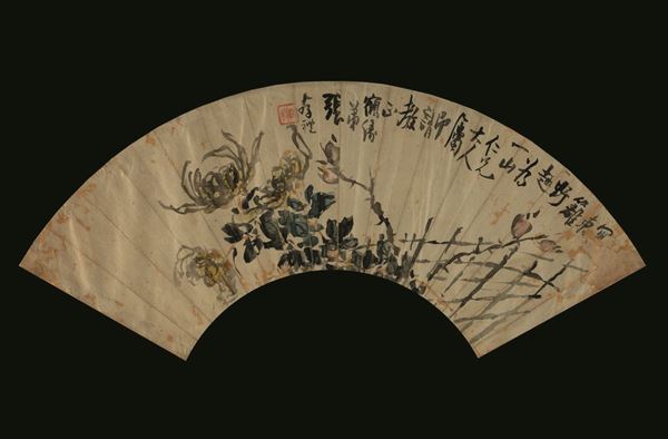 Ventaglio dipinto su carta raffigurante peonie in fiore con iscrizione, Cina, Dinastia Qing, XIX secolo