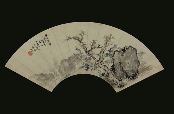 Ventaglio dipinto su carta raffigurante paesaggio e iscrizione, Cina, Dinastia Qing, XIX secolo