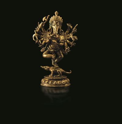 Importante Figura di Ganesha in Bronzo Dorato, Tibet, XVIII-XIX Secolo