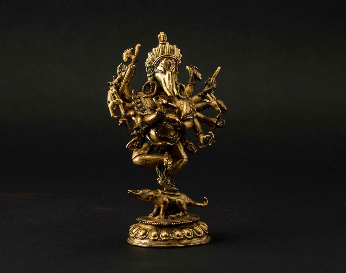 Importante Figura di Ganesha in Bronzo Dorato, Tibet, XVIII-XIX Secolo
