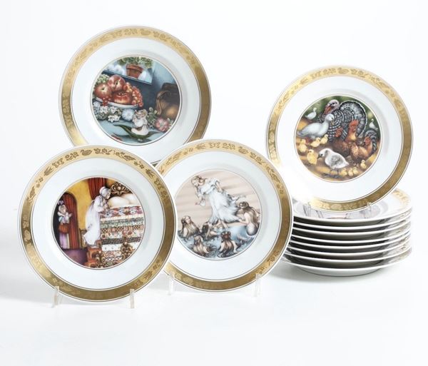 Dodici piatti "The Hans Christian Andersen Plates" Danimarca, Copenaghen, Manifattura Royal Copenhagen, 1975 - 1979