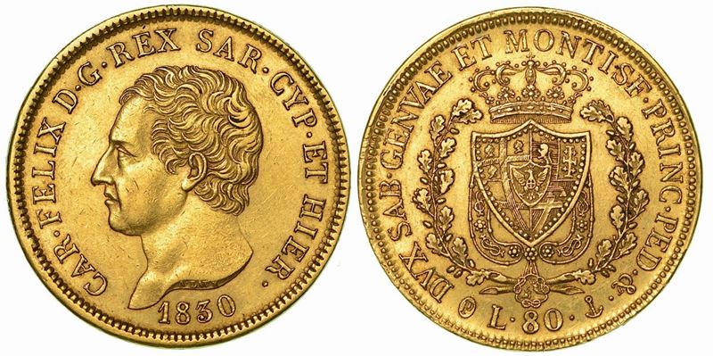 REGNO DI SARDEGNA. CARLO FELICE DI SAVOIA, 1821-1831. 80 Lire 1830. Genova.  - Auction Numismatics - Cambi Casa d'Aste