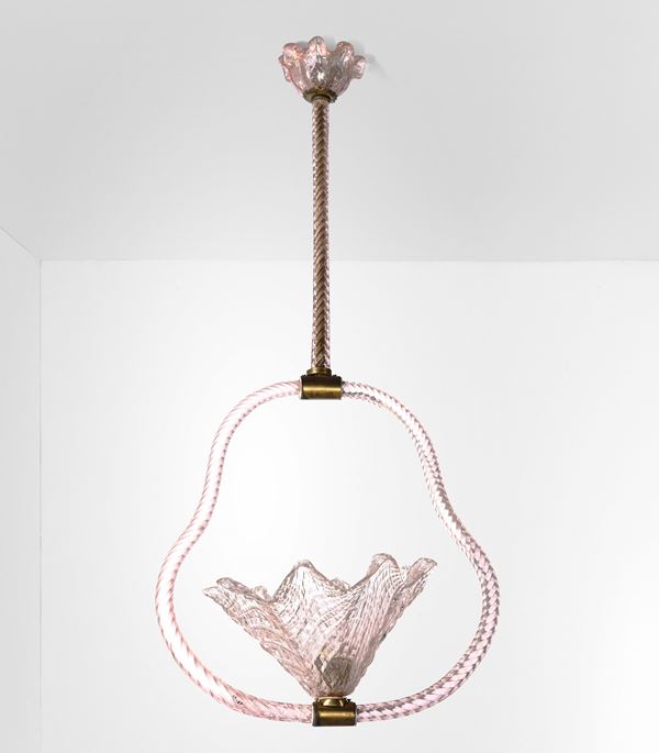 Lampada a sospensione in vetro rosa a torchon, Murano XX secolo