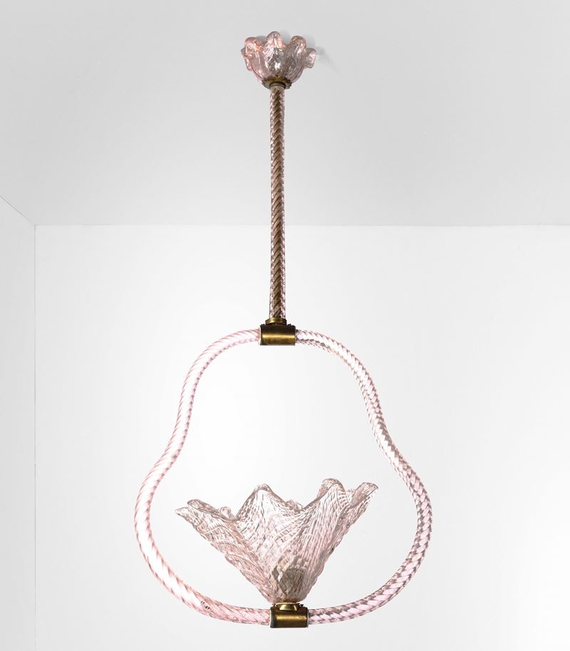 Lampada a sospensione in vetro rosa a torchon, Murano XX secolo  - Asta Antiquariato Febbraio | Cambi Time - Cambi Casa d'Aste