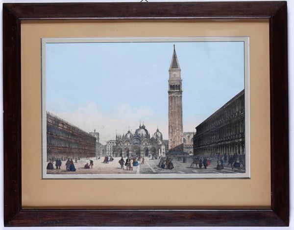 Grande litografia a colori raffigurante piazza San Marco. Entro cornice cm 37x56 Venezia