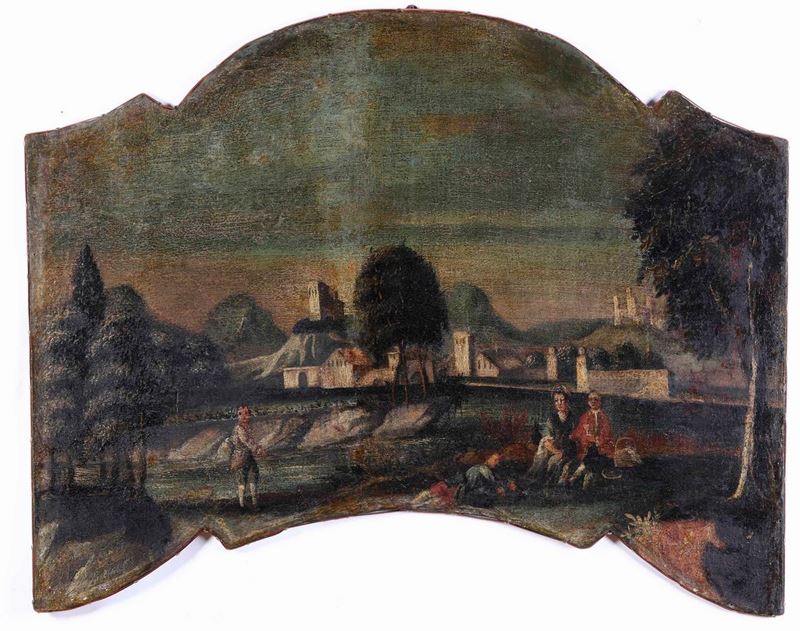 Scuola del XVIII secolo Paesaggio con scena galante  - olio su tela sagomata - Asta Dipinti Antichi - Cambi Casa d'Aste