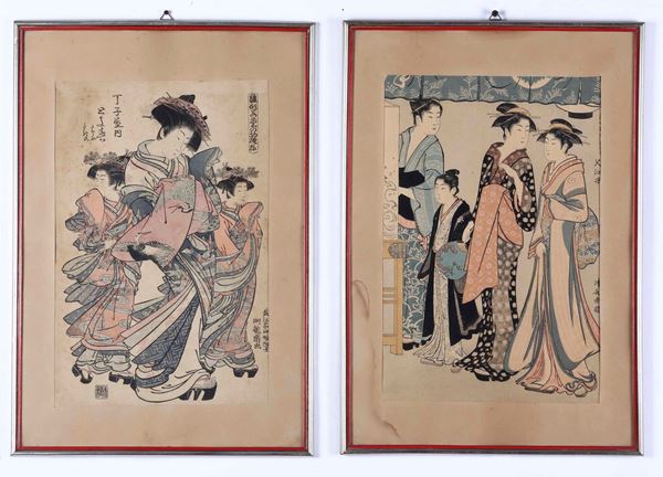 Due xilografie su carta raffiguranti Geishe, Giappone, XX secolo