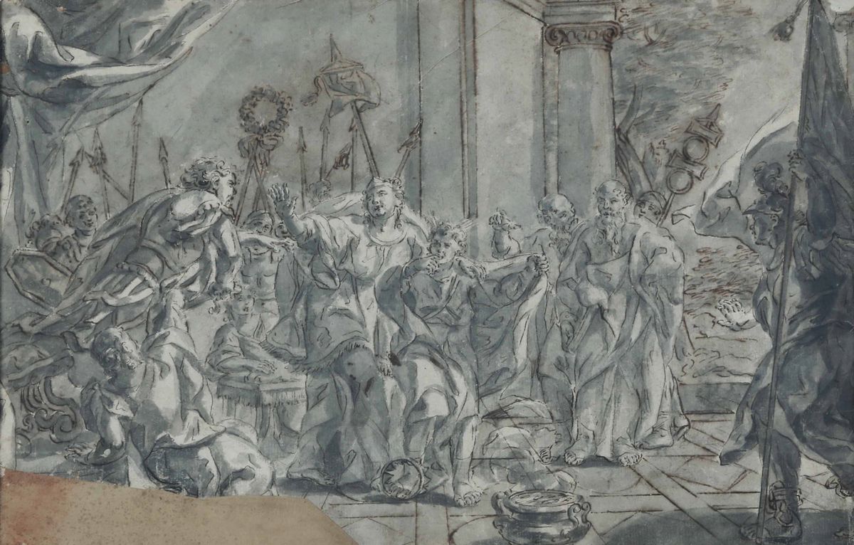 Scuola napoletana del XVIII secolo, Episodi della vita di Mosè, penna, acquerello grigio e biacca...
