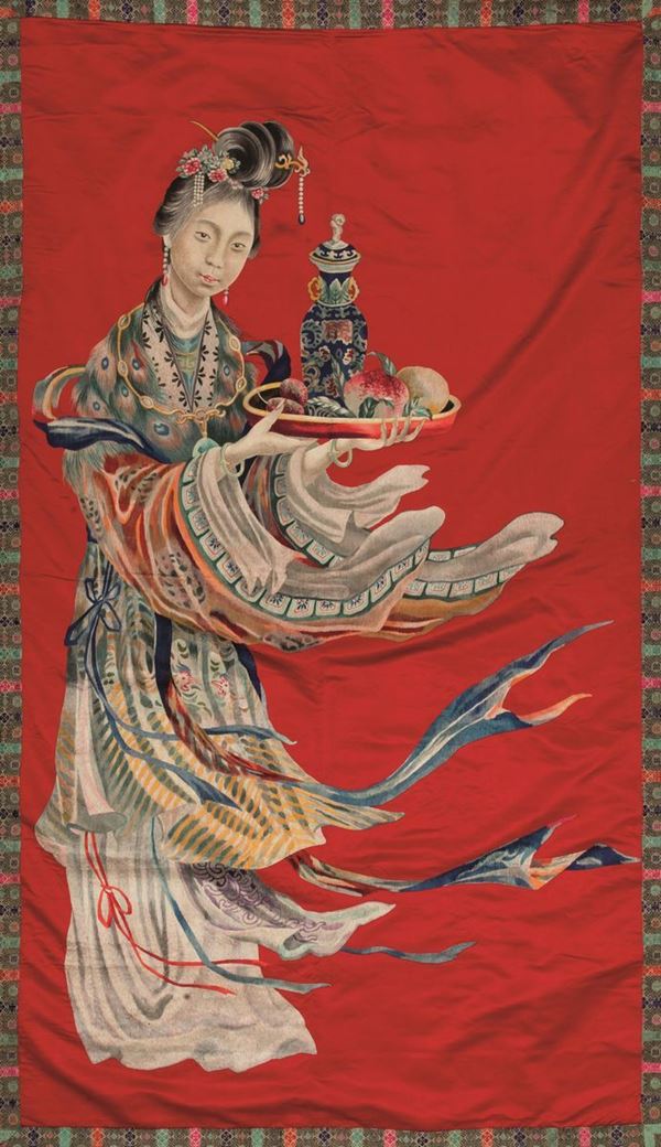 Kesi con figura di Guanyin su fondo rosso, Cina, Repubblica, XX secolo