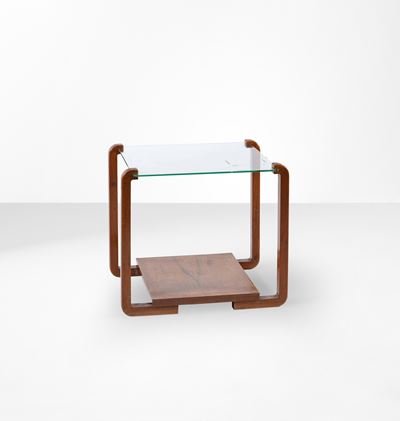 Tavolo basso, struttura in legno e piano in cristallo molato (produzione italiana, ca. 1950)