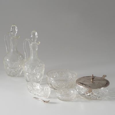 Set da tavola, acetoliera, formaggiera e porta sale, vetro e argento, varie manifatture italiane ...