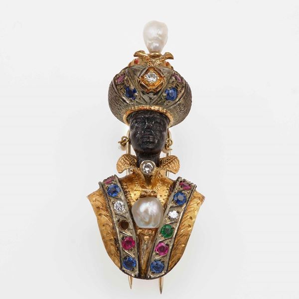 Gem-set, coral, pearl, wood. gold and silver "Moretto" brooch