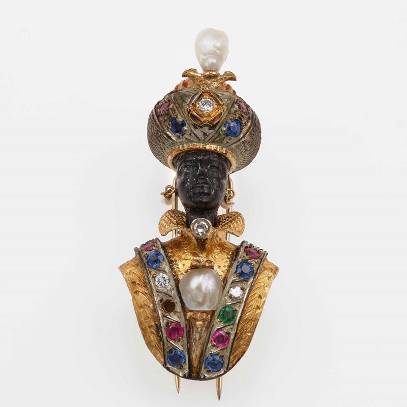 Gem-set, coral, pearl, wood. gold and silver "Moretto" brooch  - Auction Fine and Coral Jewels - Cambi Casa d'Aste