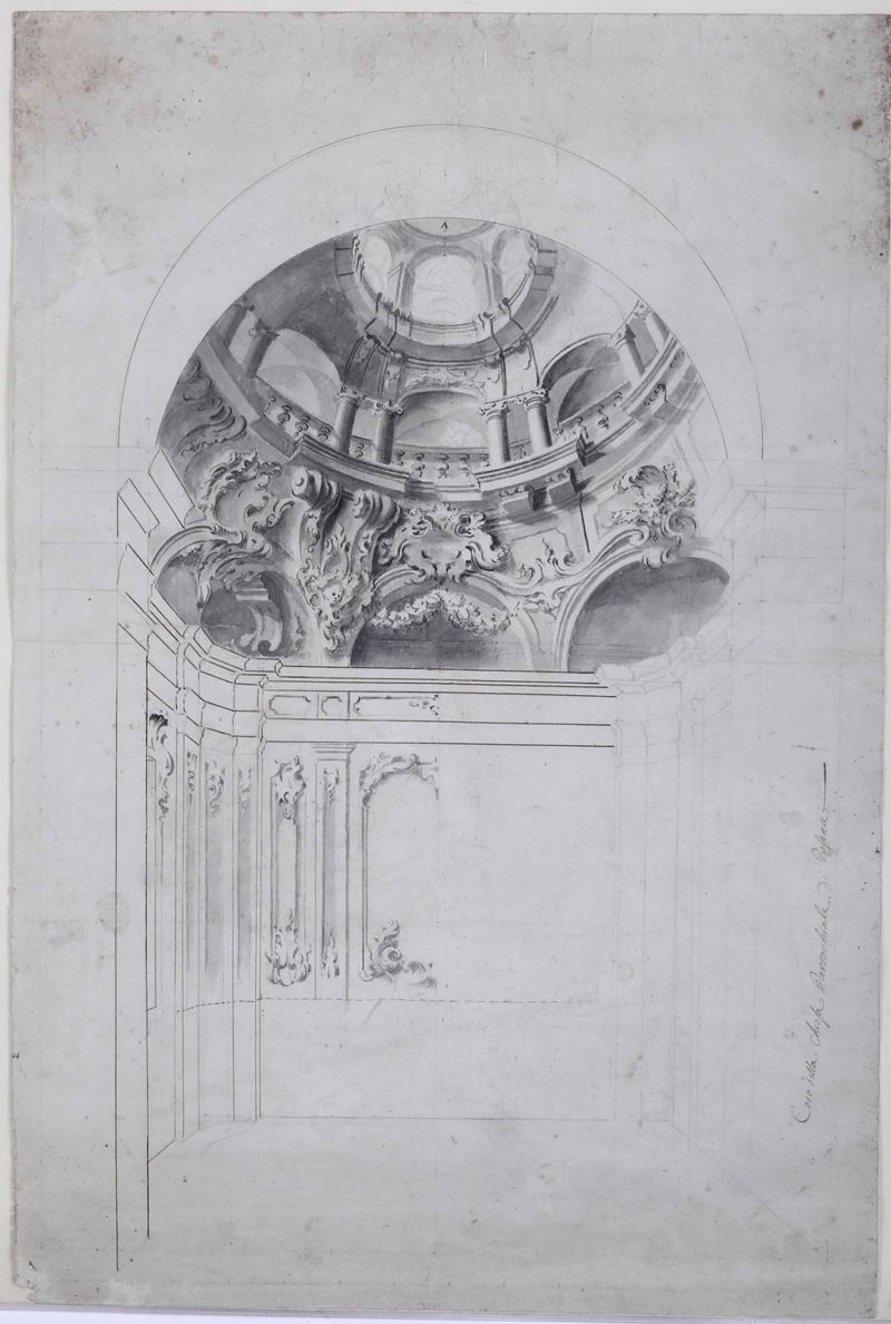 Scuola del XVIII secolo Studio architettonico con abside  - matita nera, inchiostro bruno e acquerello grigio su carta - Auction Drawings - II - Cambi Casa d'Aste
