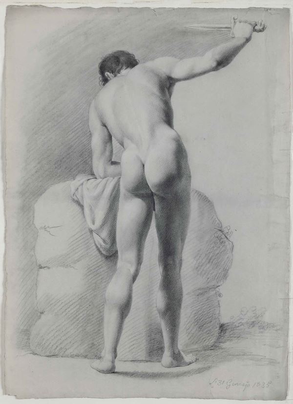 Scuola neoclassica del XIX secolo Studio di nudo virile con pugnale