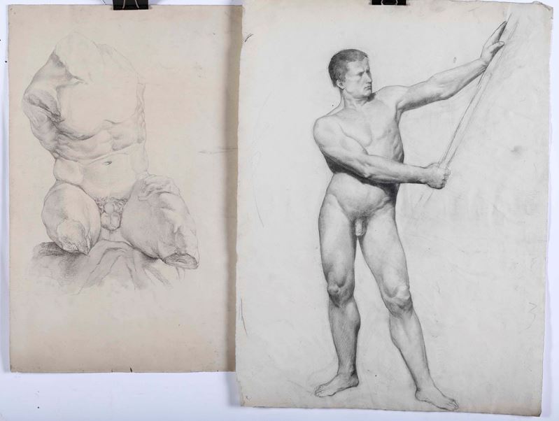 Scuola del XIX secolo Nudo accademico e Torso del Belvedere  - matita nera su carta - Auction Old Masters - Cambi Casa d'Aste
