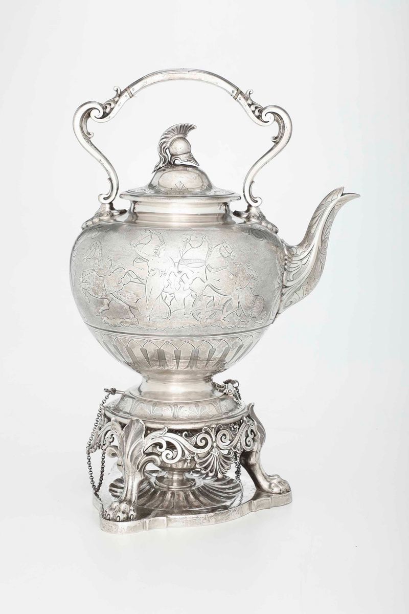 Kettle. Argento Sterling Fuso, Sbalzato e Inciso. Londra 1859, Argentiere Edward John Barnard