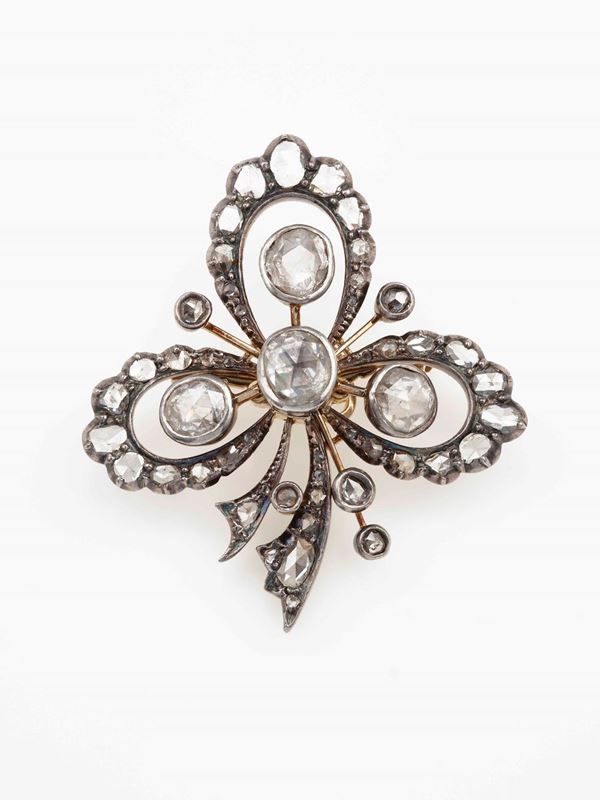 Rose-cut diamond, gold and silver brooch