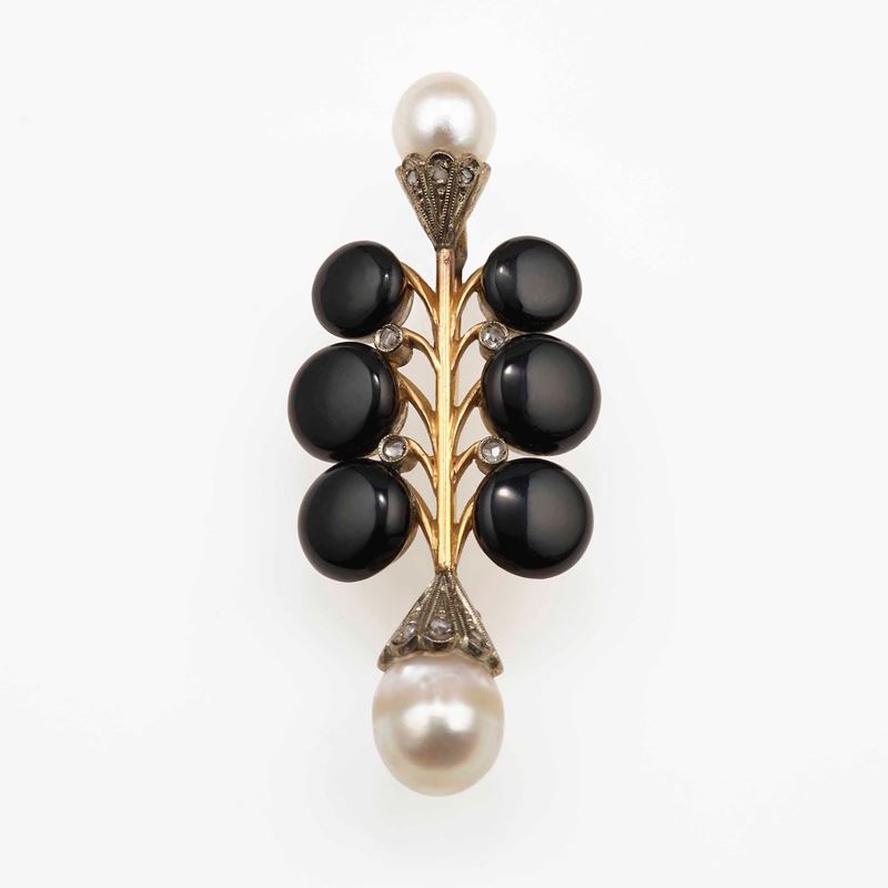 Pearl, onix, diamond and gold brooch  - Auction Jewels - Cambi Casa d'Aste