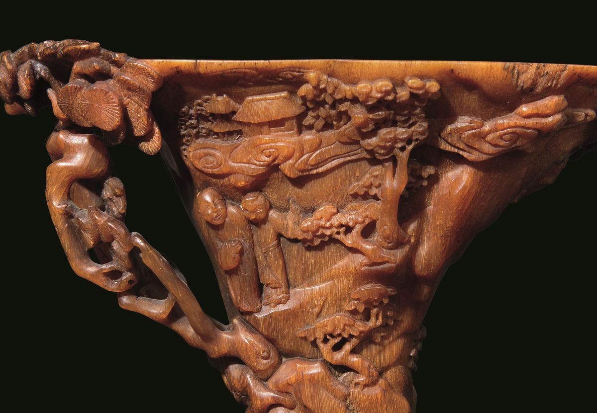 Importante Coppa da Libagione Finemente Scolpita in Corno Raffigurante Paesaggio con Figure, Cina...