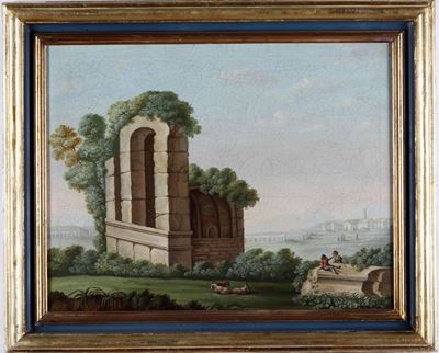 Scuola del XVIII Secolo Paesaggio con Rovine Classiche e Pastori