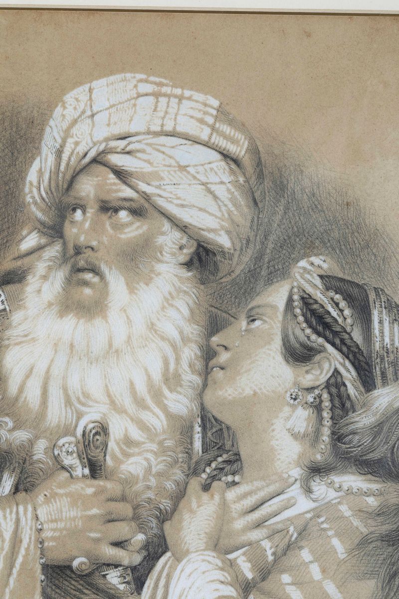Scuola Francese del XIX Secolo Figura con Turbante con Fanciulla